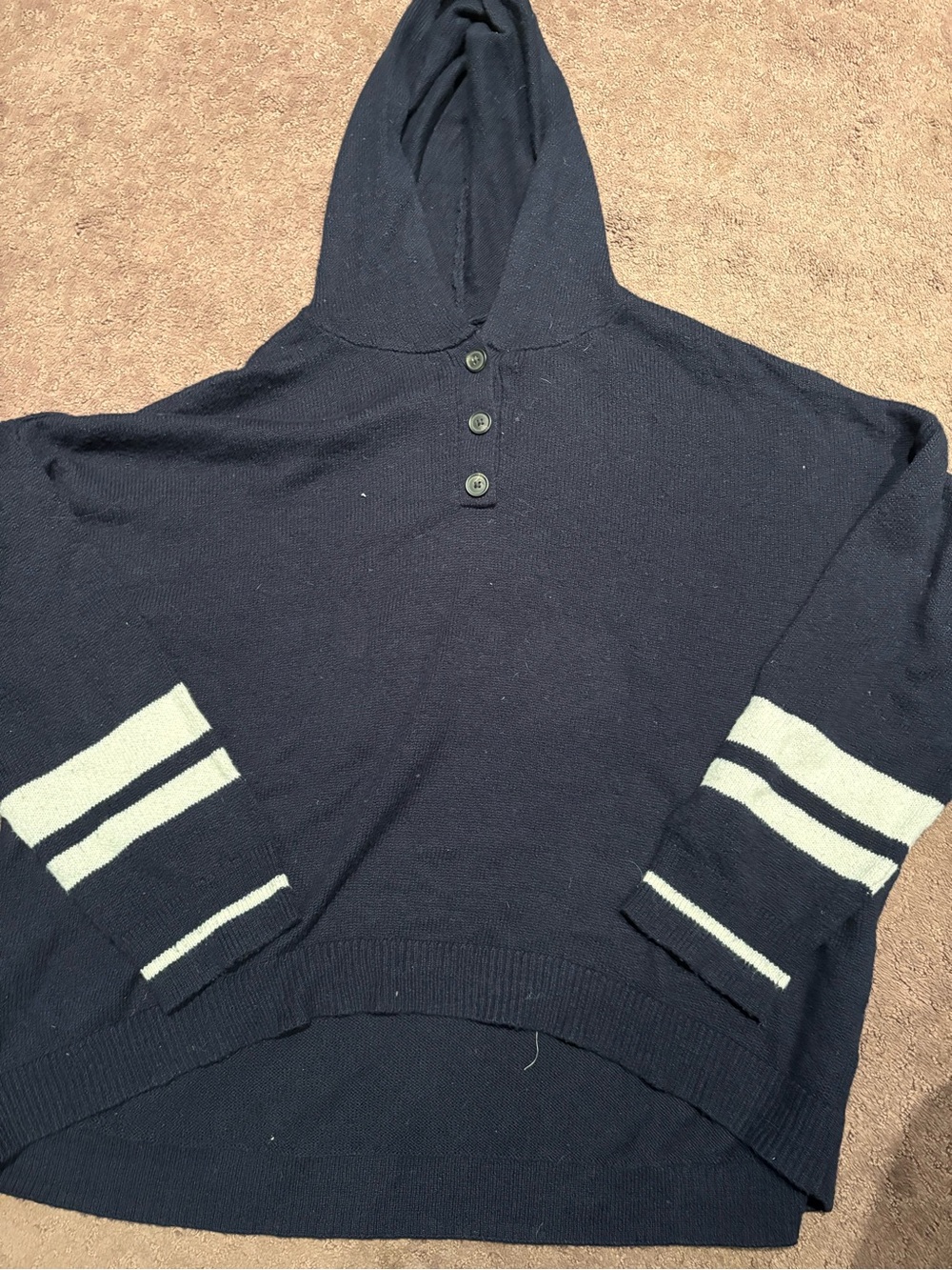 American Eagle Outfitters Navy Hooded Sweater with Cream Stripe Cuffs